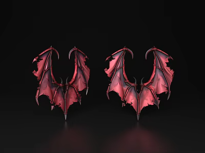Red Bat Wing Shaped Decorative Ornament Set Two Pieces on Black Background 3d model