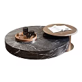 Round Black Marble Coffee Table With Wooden Tray Glass Cups And Decorative Magazine