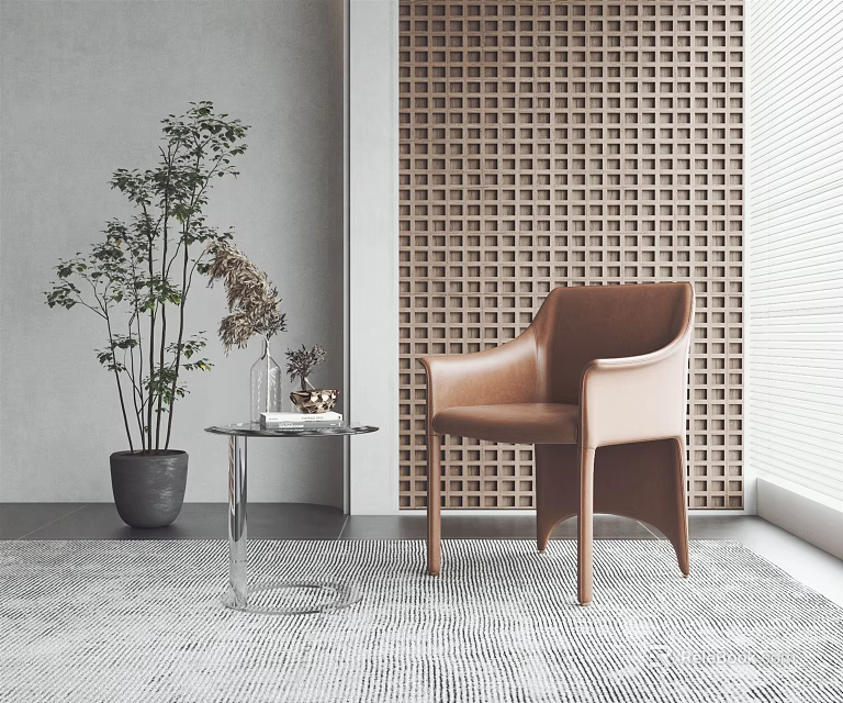 Modern Leisure Chair With Lattice Wall Side Table And Green Plant In Bright Room 3d model 