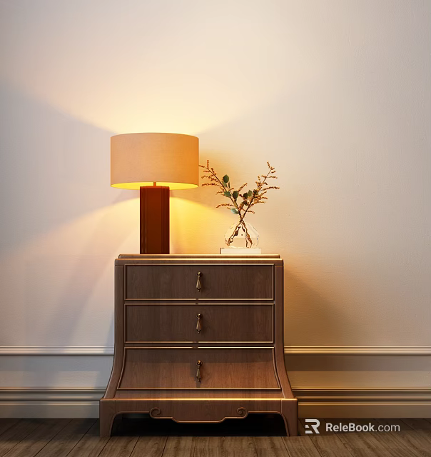 Modern Wooden Bedside Table With Drawer Linen Shade Lamp Glass Vase And Green Plant 3d model 