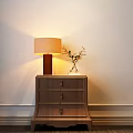 Modern Wooden Bedside Table With Drawer Linen Shade Lamp Glass Vase And Green Plant