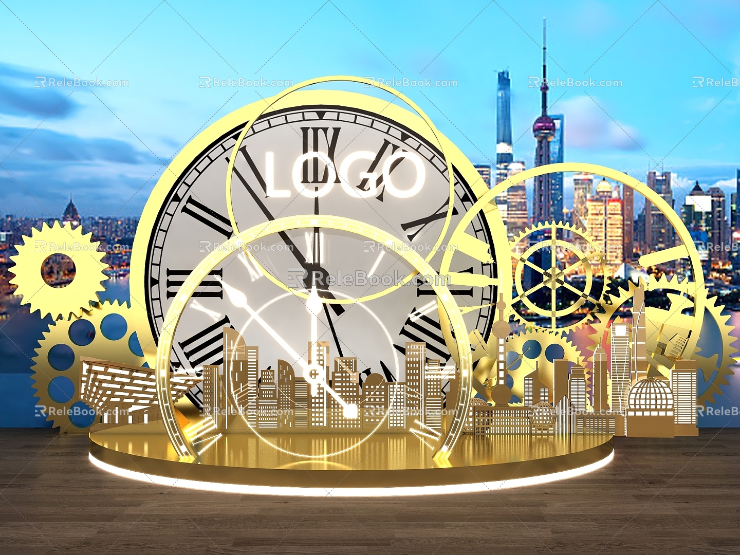 Technology clock building silhouette time device meichen photo clock gear 3d model