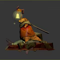 Orange Animated Game Character Holding Lantern With Polygonal Rocks On Colorful Base
