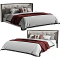Modern Double Bed With Upholstered Headboard Multiple Pillows White Bedspread And Red Blanket