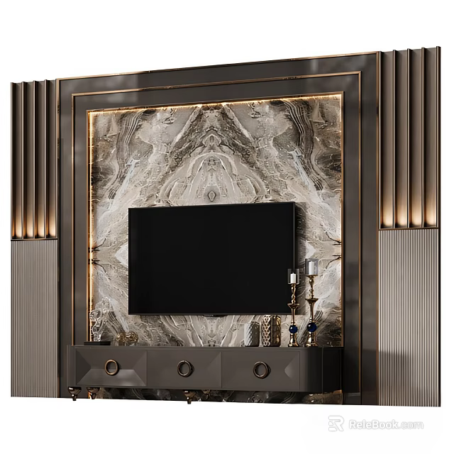 Elegant Modern TV Background Wall Featuring Marble Panel TV Lighting Strips And Decorative Stand 3d model