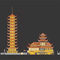 Traditional Ancient Pagoda and Palace Style Building Featuring Orange Roofs and Curved Multi layered Eaves