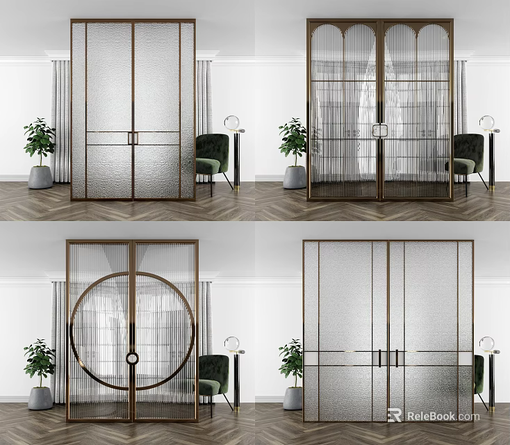 Modern Interior Design Glass Double Doors With Golden Frame Green Chairs And Plants 3d model 