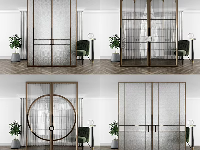 Modern Interior Design Glass Double Doors With Golden Frame Green Chairs And Plants 3d model