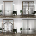 Modern Interior Design Glass Double Doors With Golden Frame Green Chairs And Plants