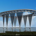 Modern Pergola with Curved Transparent Roof Geometric Cone Supports Over Waterfront Under Blue Sky