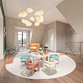 Bright Living Room With Colorful Chairs Round Rug And Cloud Chandeliers