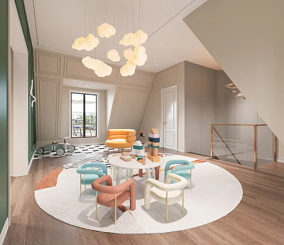 Bright Living Room With Colorful Chairs Round Rug And Cloud Chandeliers 3d model