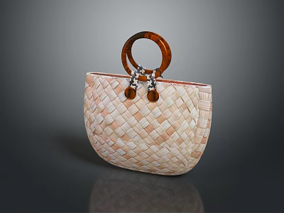 Woven Handbag with Brown Circular Handle and Metal Accents Beige Woven Texture Daily Life Accessory 3d model