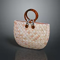 Woven Handbag with Brown Circular Handle and Metal Accents Beige Woven Texture Daily Life Accessory