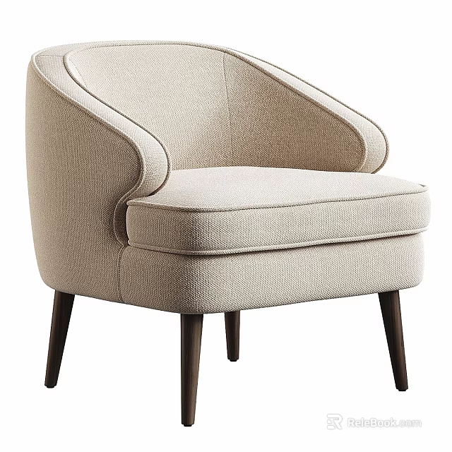 Contemporary Beige Fabric Accent Chair With Curved Backrest Armrests And Dark Wooden Legs 3d model 