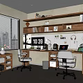 Modern Home Office With Wooden Desk Floating Bookshelves Computer Setup Digital Clock And Potted Plants
