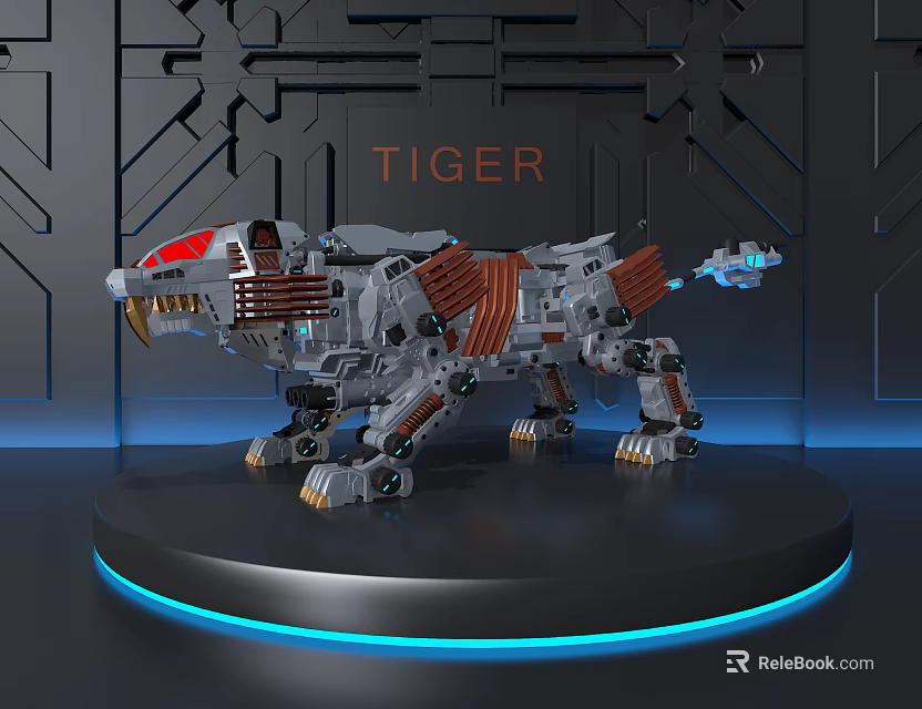 Mechanical Tiger Art Installation with Red Accents Metallic Details and Blue Halo Base 3d model 