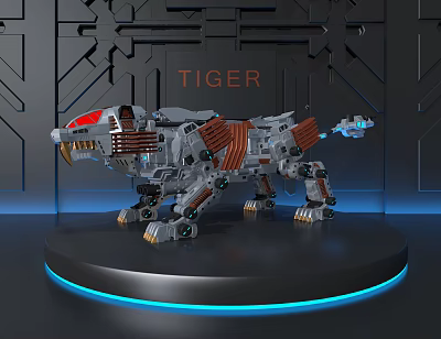 Mechanical Tiger Art Installation with Red Accents Metallic Details and Blue Halo Base 3d model