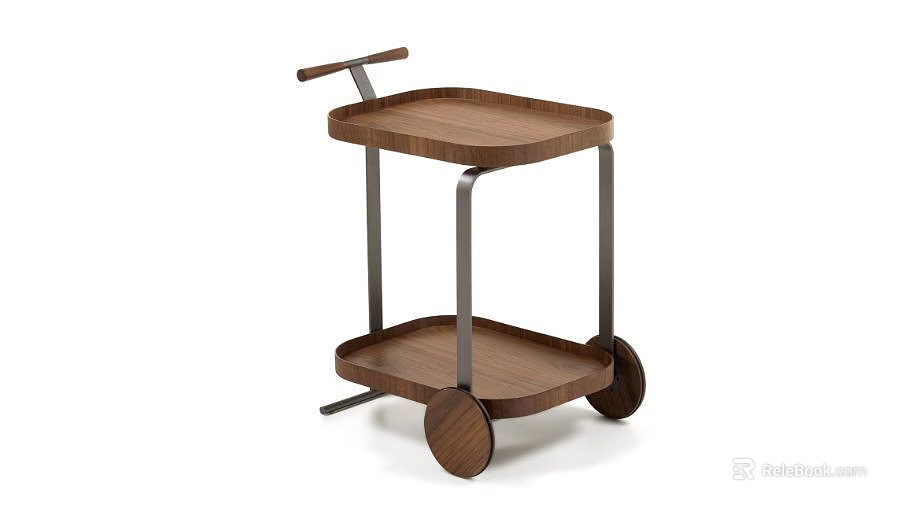 Mobile Wooden Side Table With Metal Frame Two Tier Shelves Handle And Wheels 3d model 