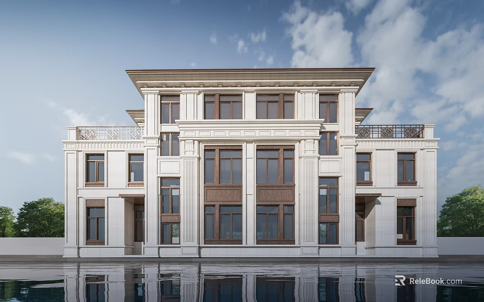 Detached Villa With White Exterior Walls Brown Window Frames And Front Reflection Pool 3d model 