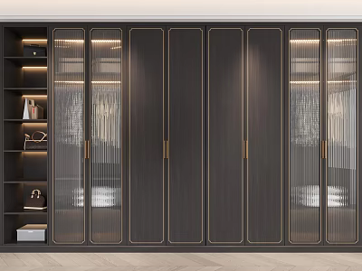 Elegant Modern Wardrobe With Glass Panel Doors Gold Accents And Built In Lighting 3d model