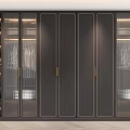Elegant Modern Wardrobe With Glass Panel Doors Gold Accents And Built In Lighting