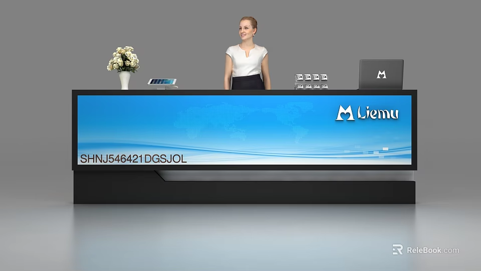 Modern Reception Desk Featuring Female Receptionist Flower Vase Laptop Company Logo And Blue Background 3d model 