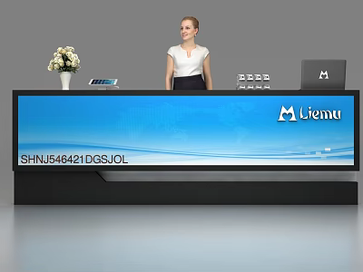 Modern Reception Desk Featuring Female Receptionist Flower Vase Laptop Company Logo And Blue Background 3d model