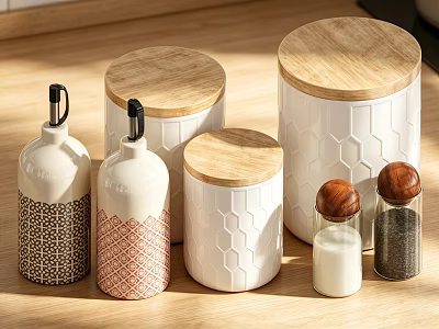 Ceramic Spice Jars With Wooden Lids And Various Patterns On Kitchen Counter 3d model
