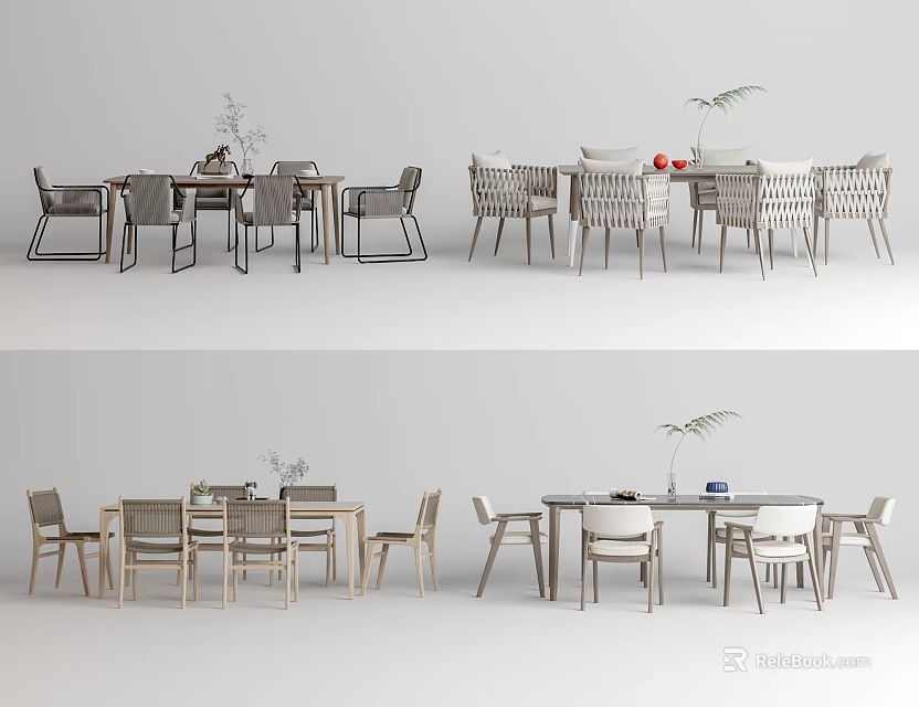 Modern Dining Table Set With Woven Chairs And Natural Wood Design Elements 3d model