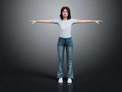 Woman in White T-shirt and Blue Jeans Standing with Arms Outstretched on Gray Background 3d model