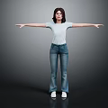 Woman in White T-shirt and Blue Jeans Standing with Arms Outstretched on Gray Background