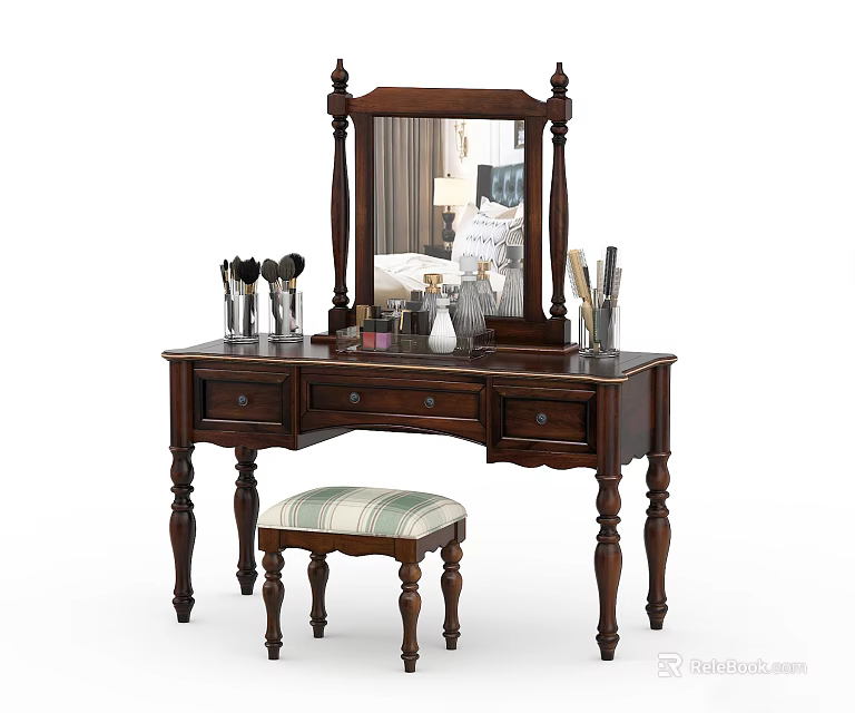 Dark Wood Dressing Table With Mirror Drawers And Striped Cushion Stool With Makeup Brushes 3d model 