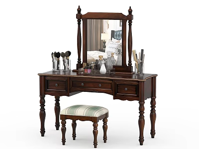 Dark Wood Dressing Table With Mirror Drawers And Striped Cushion Stool With Makeup Brushes 3d model
