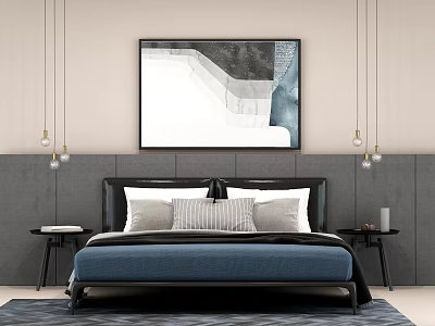 Modern Background Double Bed With Black Headboard Blue Mattress Abstract Painting And Pendant Lights 3d model