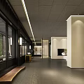 Contemporary Exhibition Hall Interior Featuring Symmetrical Pillars Display Cabinets Central Platform And Scenic Window View