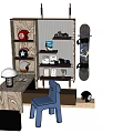 Wooden Desk With Blue Chair And Shelves Featuring Helmets Motorcycle Model And Snowboard