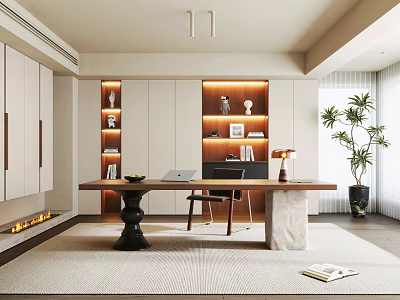 Modern Middle-ancient Style Study Bookcase Desk Chair Book Decoration Computer Table Lamp Potted Plant 3d model