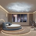 Modern Bedroom Interior With Starry Ceiling Gaming Setup Round Bed And Bookshelves