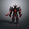 Mythical Warrior Character In Black Red Spiked Armor With Horns Weapon And Glowing Red Elements