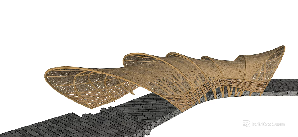 Modern Curved Pergola Design With Woven Bamboo Structure And Stone Pathway 3d model