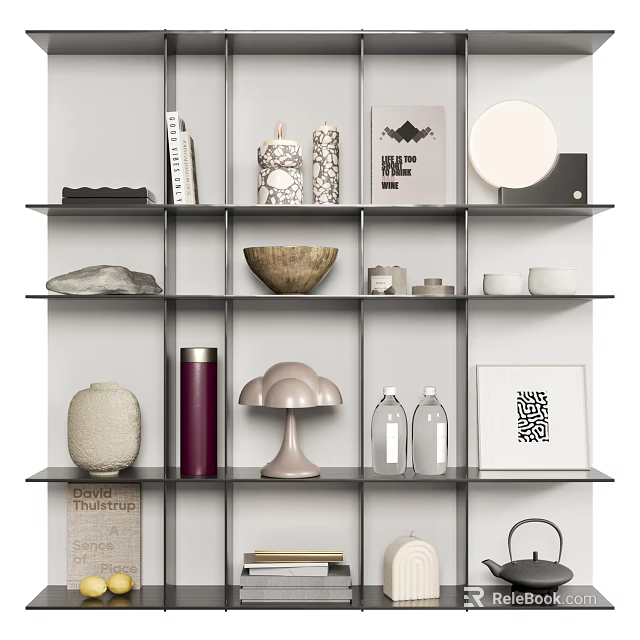 Stylish Decorative Ornament Combination on Shelf with Candles Vases Bowls and Art Prints 3d model 