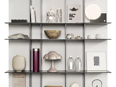 Stylish Decorative Ornament Combination on Shelf with Candles Vases Bowls and Art Prints 3d model