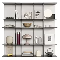 Stylish Decorative Ornament Combination on Shelf with Candles Vases Bowls and Art Prints
