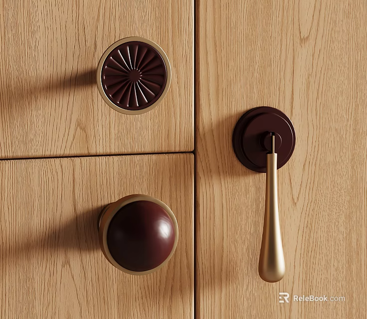 Decorative Round And Bar Shaped Cabinet Handles In Brown Gold For Wooden Cabinets 3d model 