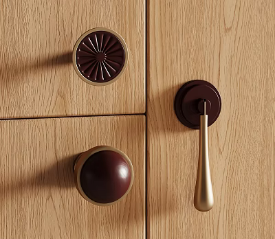 Decorative Round And Bar Shaped Cabinet Handles In Brown Gold For Wooden Cabinets 3d model