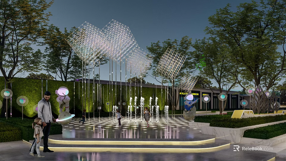 Evening Commercial Landscape With Lighted Mesh Structures Fountains Trees And Public Area 3d model 
