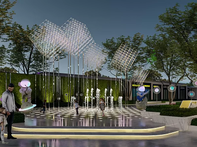 Evening Commercial Landscape With Lighted Mesh Structures Fountains Trees And Public Area 3d model