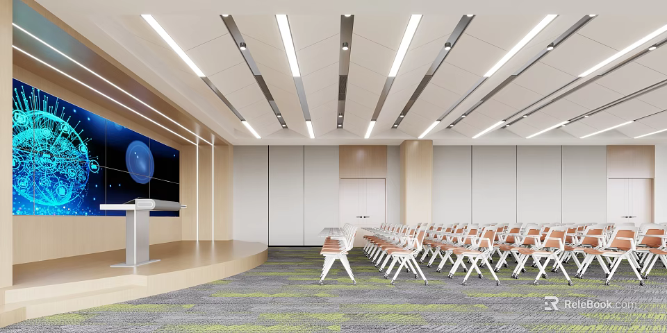 Modern Conference Room With Large Display Podium Linear Ceiling Lights Folding Chairs And Light-Colored Walls 3d model 