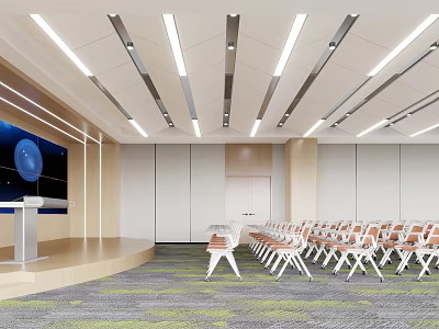 Modern Conference Room With Large Display Podium Linear Ceiling Lights Folding Chairs And Light-Colored Walls 3d model